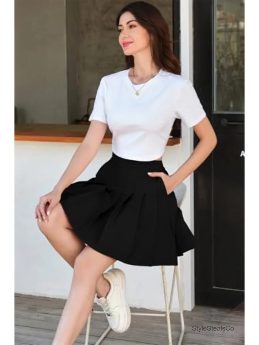 Pleated Skater Skirt High Waist Elastic Waist Zip Pockets Uniform Casual
